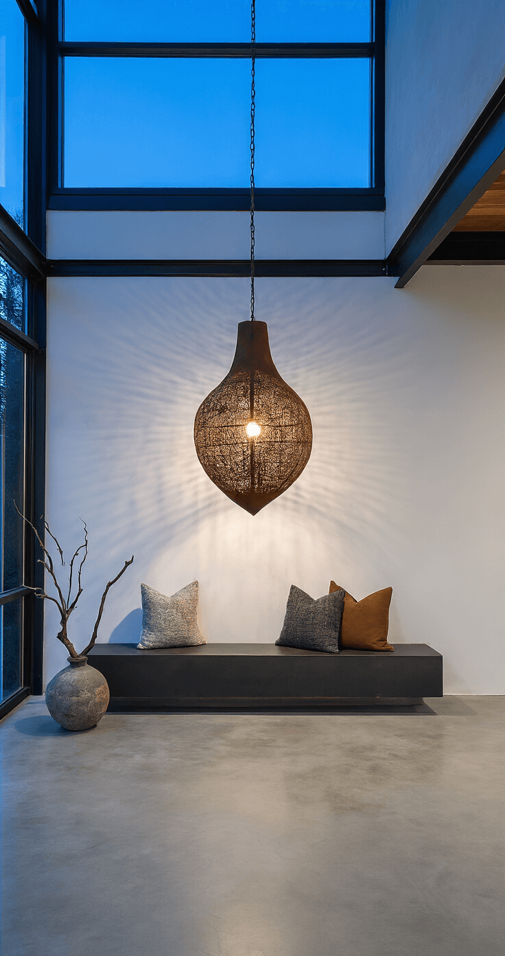 Entryway featuring a sculptural metal pendant with rust patina, concrete floors, white walls with wabi sabi cracks, a blackened steel bench with textured pillows, and a twisted branch in a stone vase, captured during blue hour to highlight industrial and organic elements.