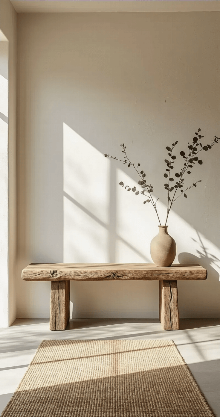 A sunlit minimalist entryway featuring a handcrafted 6ft wabi sabi bench made from weathered oak against a textured white plaster wall, with morning light casting shadows through a floor-to-ceiling window. A dried eucalyptus branch in a matte ceramic vase rests above the bench, and a natural sisal runner leads to the bench, captured from a low angle to highlight the bench's raw edges and the warm color palette.