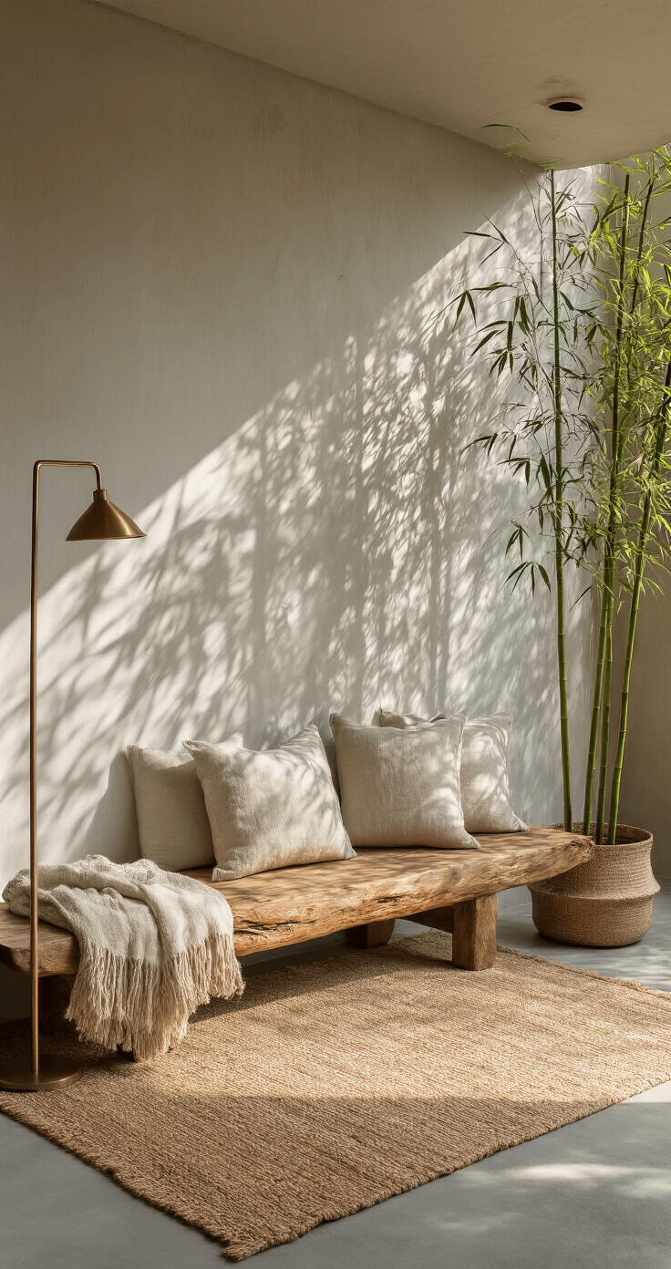 A serene meditation corner featuring a reclaimed teak bench on a jute rug, adorned with undyed linen cushions and a wool throw, with potted bamboo casting shadows on concrete walls, illuminated by a brass floor lamp in warm earth tones.