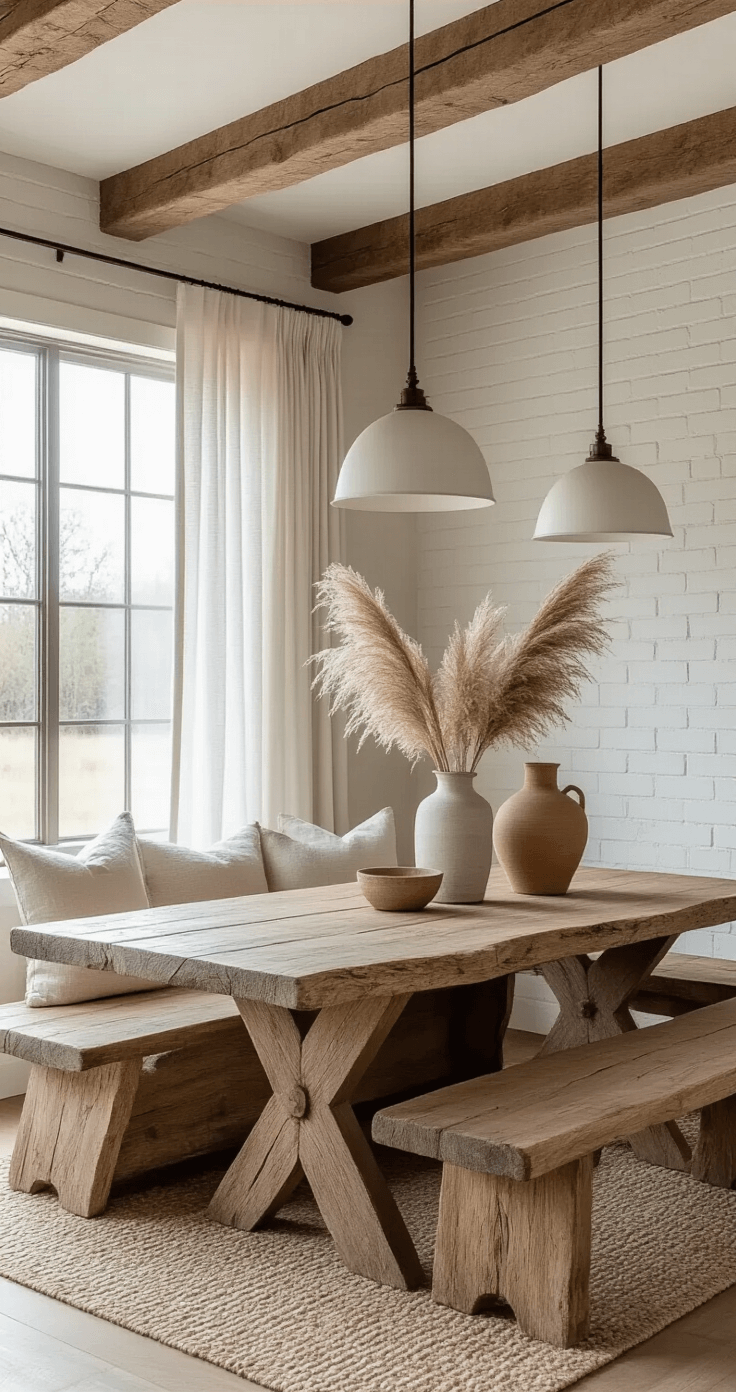 Modern farmhouse dining space with an 8ft live-edge wabi sabi bench and vintage dining table, showcasing exposed ceiling beams and whitewashed brick walls. Natural light filters through sheer linen curtains, illuminating handmade ceramic vessels with dried pampas grass. The bench displays pronounced grain and butterfly joints, all captured at a 45-degree angle to highlight the full table setting in warm whites, raw woods, and clay tones.
