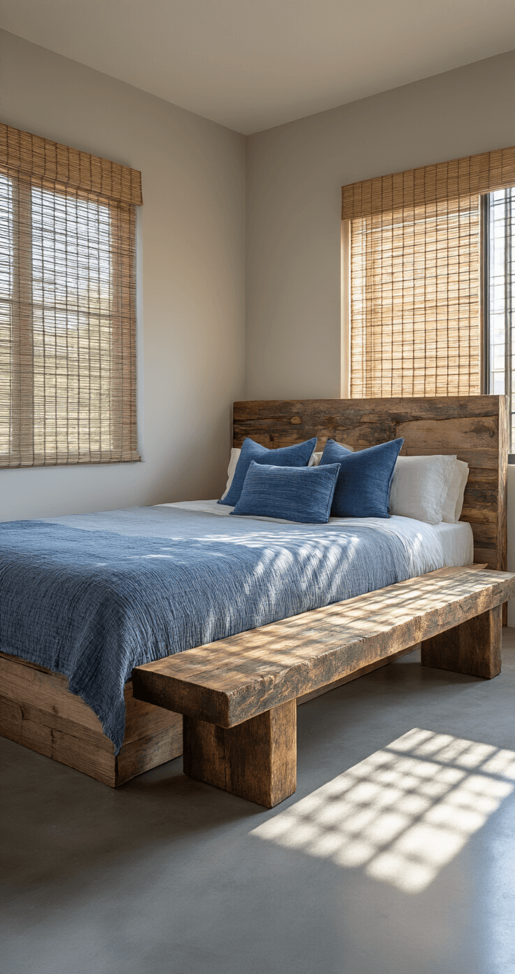 A serene bedroom featuring a 14x16ft space with a wooden platform bed and a 5ft wabi sabi bench made from century-old barn wood at the foot. Soft morning light filters through bamboo blinds, casting striped shadows on polished concrete floors. The room is styled with a handwoven throw and vintage indigo pillows, showcasing a calming color palette of blues, grays, and weathered browns. The photo is taken straight on from the doorway, slightly above eye level, creating a dreamy atmosphere.
