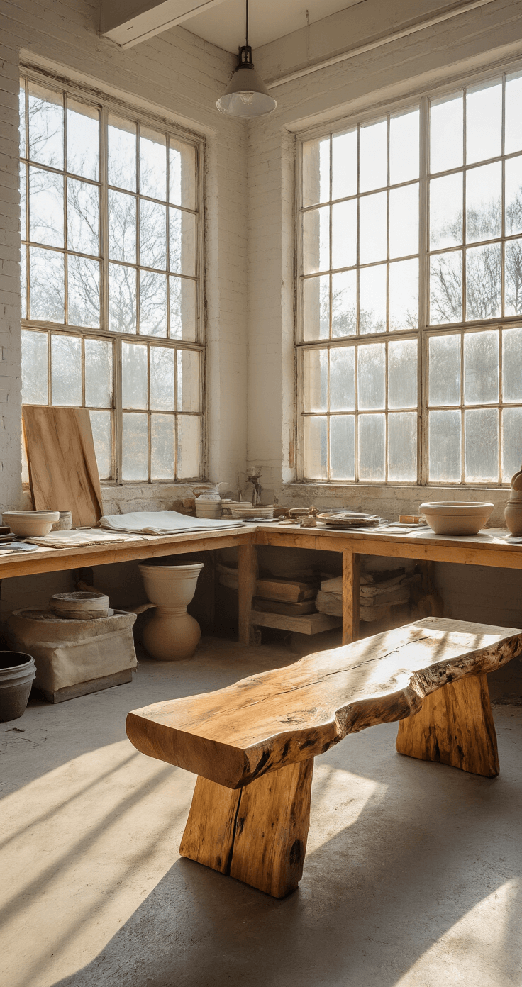 Light-filled artist's studio showcasing a 7ft maple wabi sabi bench with dramatic live edge, positioned beneath industrial windows. The space features canvas drop cloths, pottery wheels, and clay-splattered surfaces, illuminated by warm late afternoon golden hour light. The image is captured from an elevated corner angle, emphasizing textures and a flow of the workspace in creamy whites and earth tones with scattered color accents.