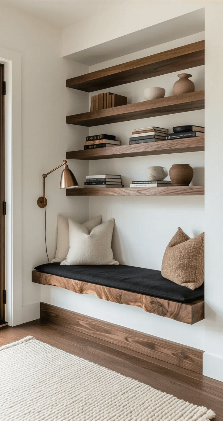 A cozy minimalist reading nook featuring a 4.5ft black walnut wabi-sabi bench with a prominent grain pattern and natural edge. Floating shelves display curated books and ceramic objects, set against a wool area rug in cream. An adjustable brass reading lamp casts a focused light pool, creating an intimate atmosphere with rich browns, warm metals, and ivory whites. The shot is taken from a slight downward angle, emphasizing the layout and textures.