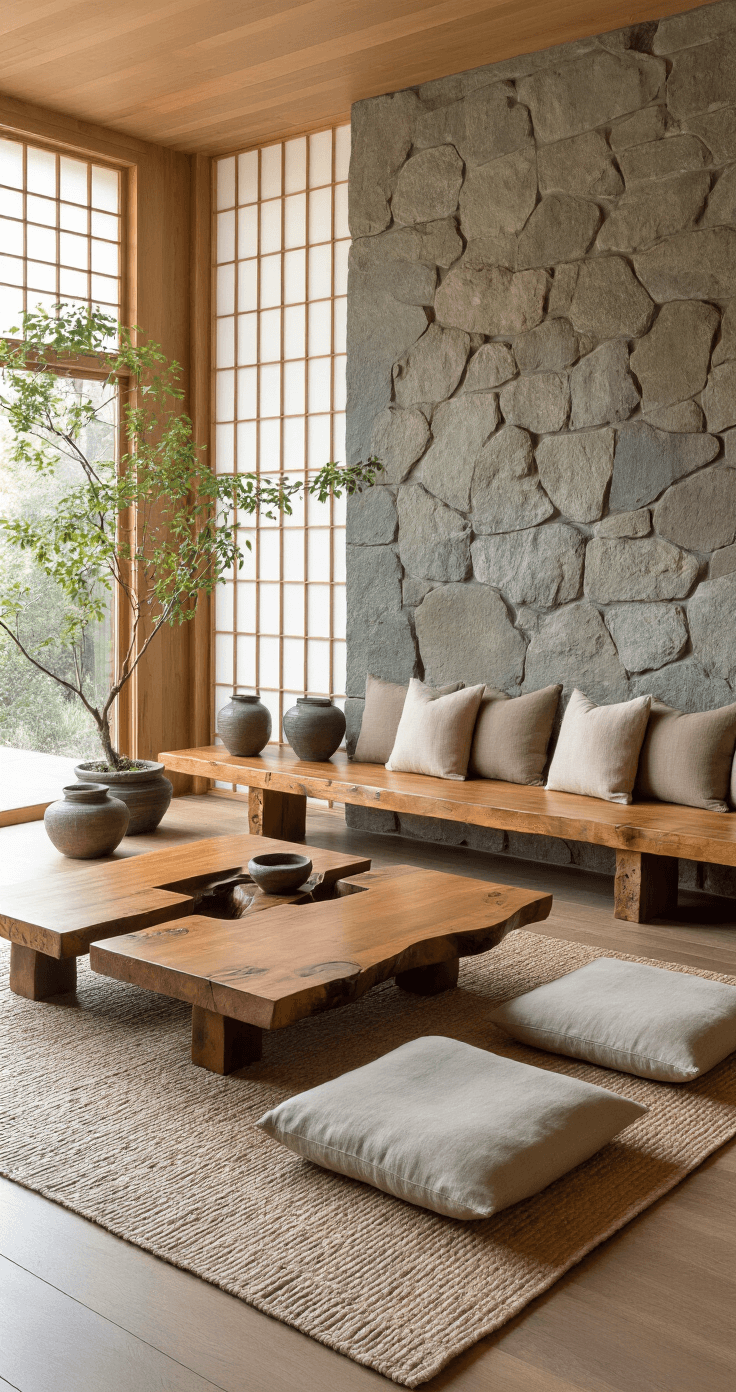 A wide-angle view of a zen-inspired living room featuring a 6ft cherry wabi sabi bench with split details and visible knots, surrounded by raw silk floor cushions and handmade ceramic planters with trailing vines. Shoji screens softly filter afternoon light while a stone feature wall adds texture. The color palette includes natural cherry tones, stone grays, and sage greens, captured from a corner angle at f/11.