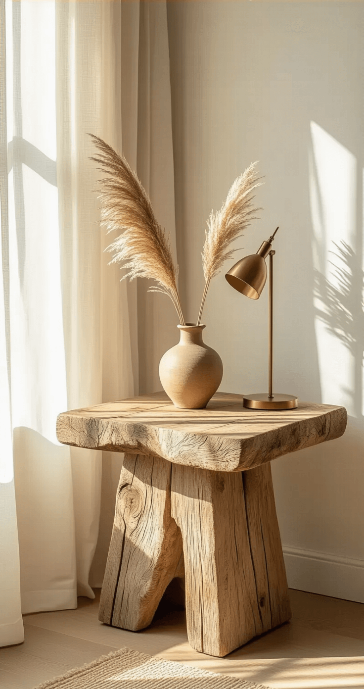 A sunlit living room corner featuring a handcrafted wabi-sabi side table made from reclaimed oak, adorned with a handmade ceramic vase of dried pampas grass and a vintage brass lamp, shot from a low angle to highlight the table's organic shape against a warm white wall.