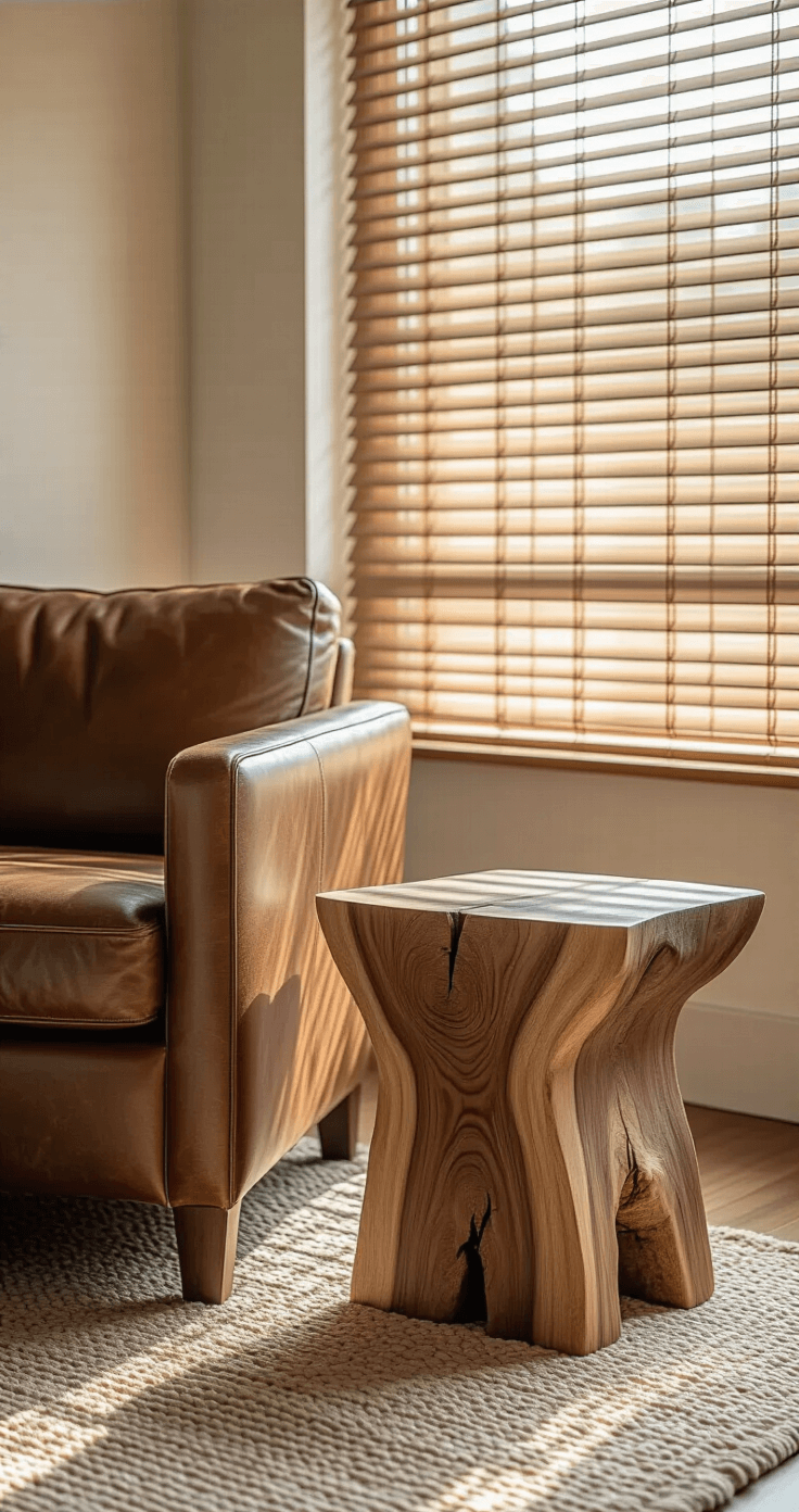 An intimate reading nook featuring a live-edge walnut side table with natural splits, bathed in late afternoon light filtered through bamboo blinds. The scene includes a well-worn leather armchair and a hand-knotted wool rug, highlighting the table's imperfections and tool marks. The composition is shot at eye level with a shallow depth of field, emphasizing the natural character of the materials in a serene and contemplative mood.