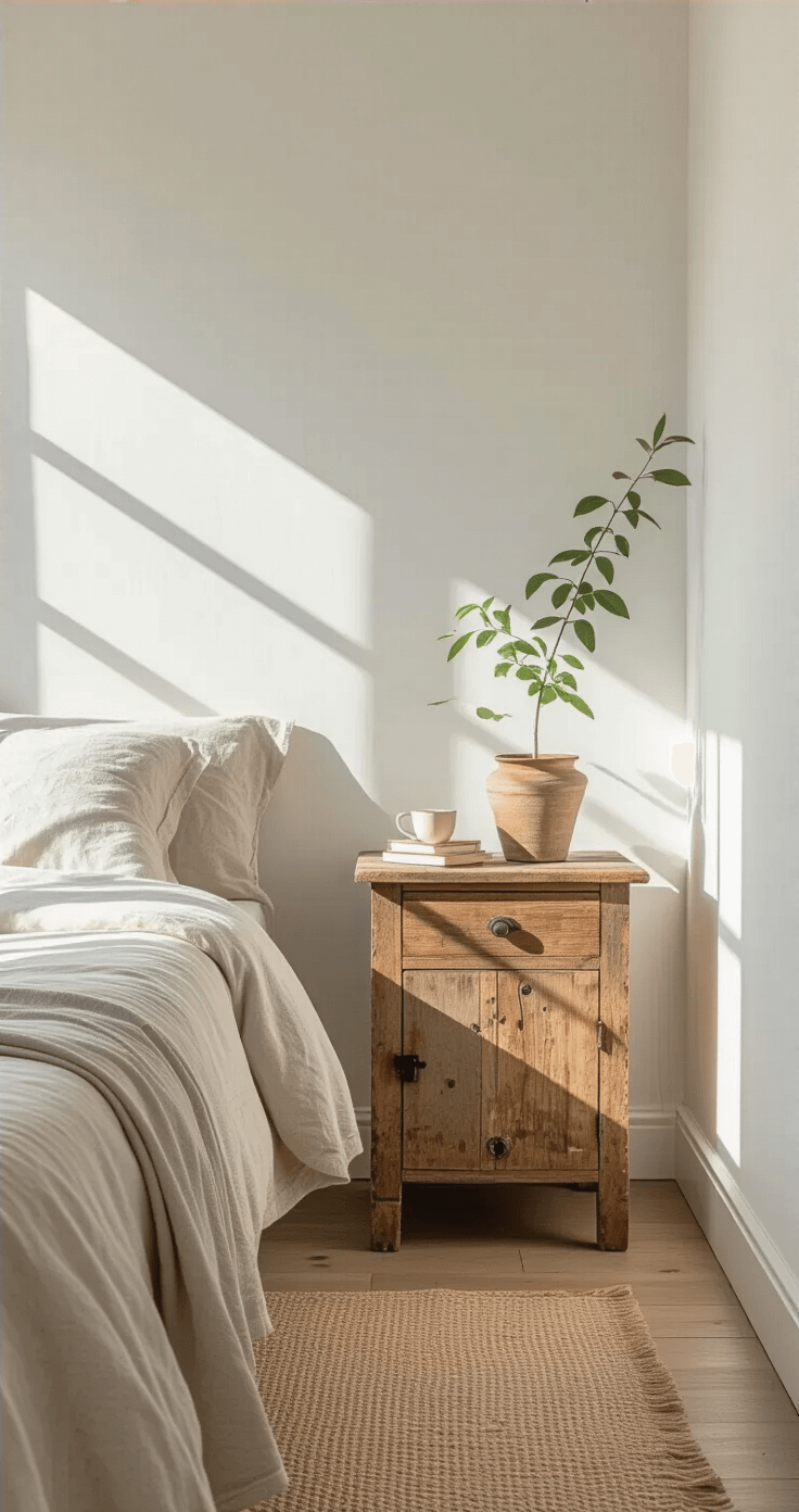 A minimalist bedroom corner showcasing a weathered salvaged pine side table with nail holes, illuminated by early morning light casting dramatic shadows. The scene features a simple linen bedspread and bare white walls, creating a tranquil atmosphere, while a small potted sage green plant adds a touch of color.