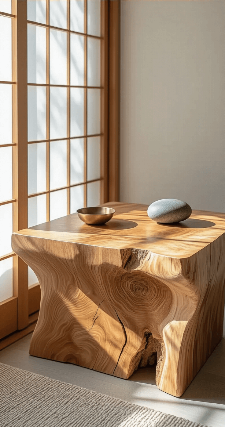 A serene meditation space featuring an asymmetrical cedar side table with distinct grain patterns, accented by a brass incense holder and smooth river stones. Soft midday light filters through rice paper screens, illuminating the warm cedar tones and earthy textures of the setting.