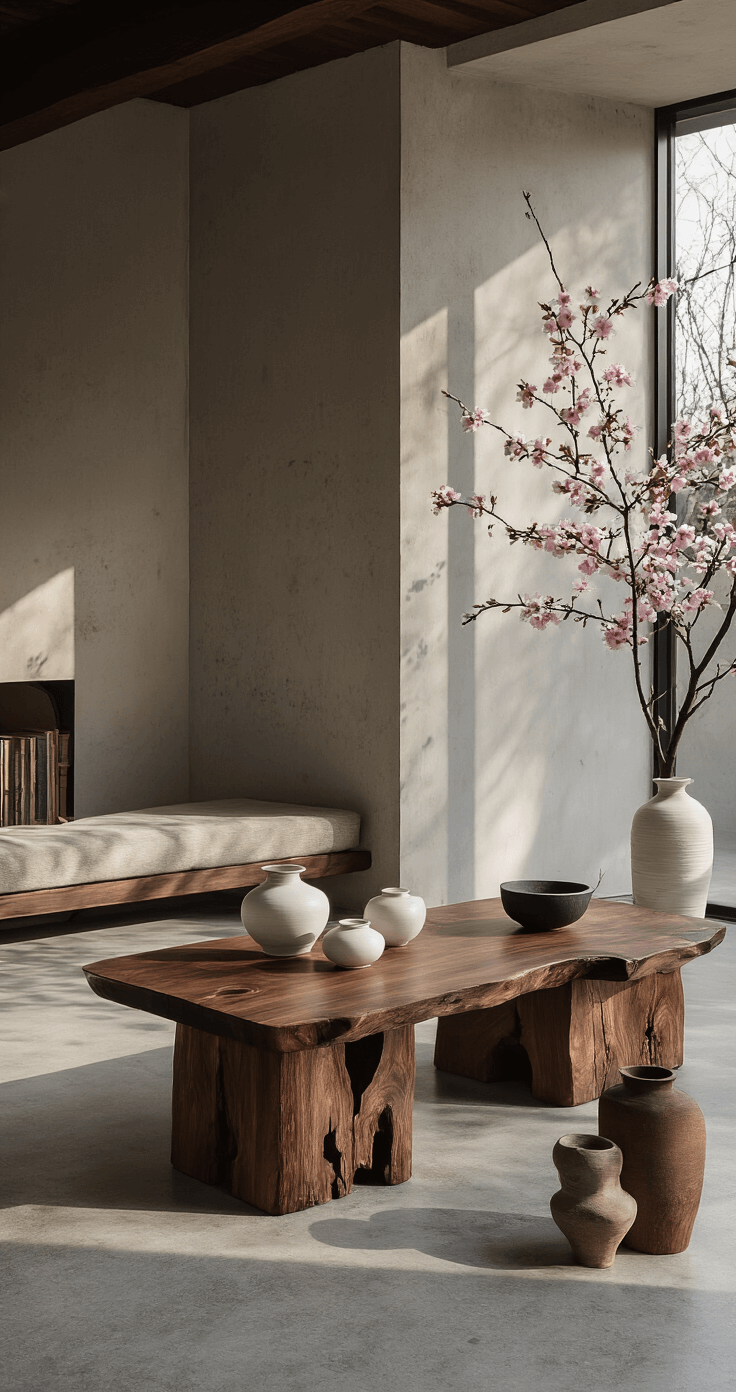 A contemporary living area featuring a black walnut side table with visible imperfections, long shadows on concrete floors, styled with handmade white ceramics and a cherry blossom branch, captured from hip height with directional lighting.