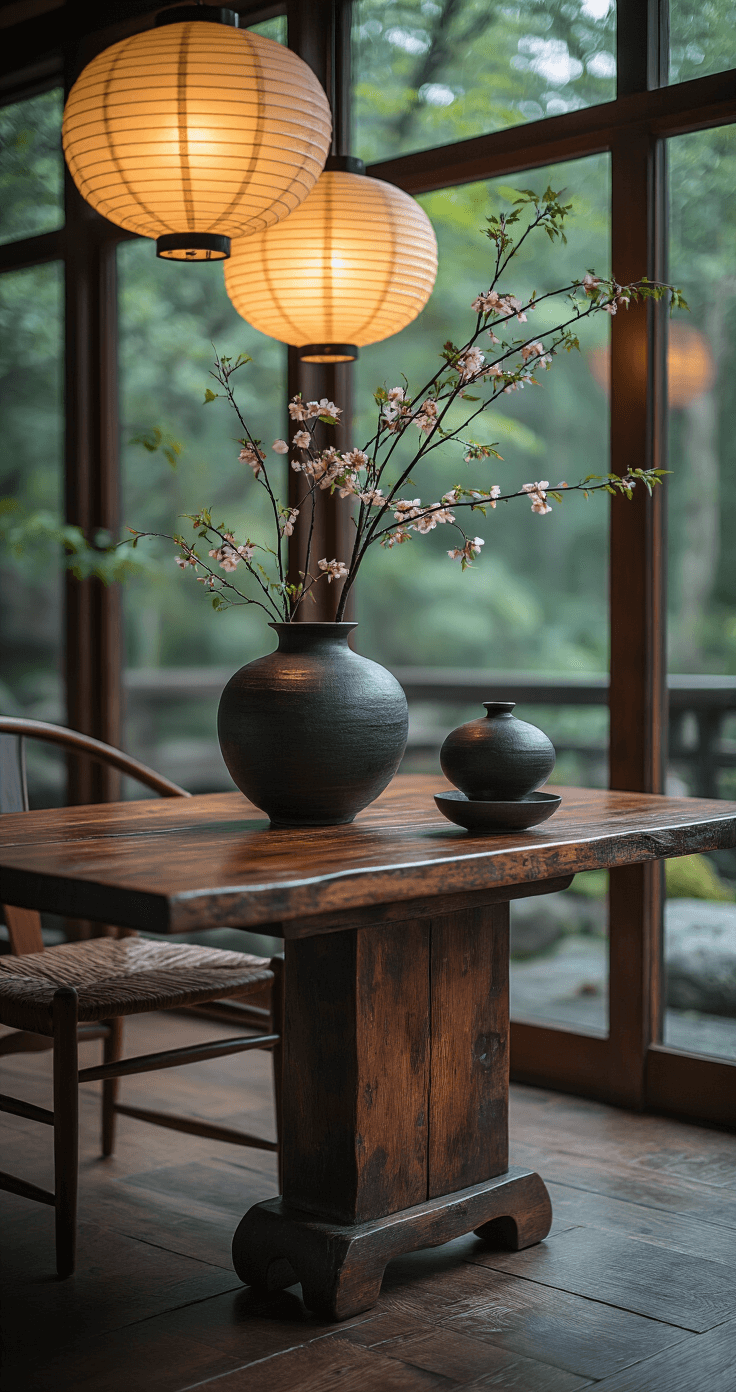 An elegant dining room vignette showcasing a Japanese-inspired aged cherry wood side table with a rich patina, illuminated by soft twilight and paper lanterns, featuring an ikebana arrangement and charcoal ceramics against muted green foliage.