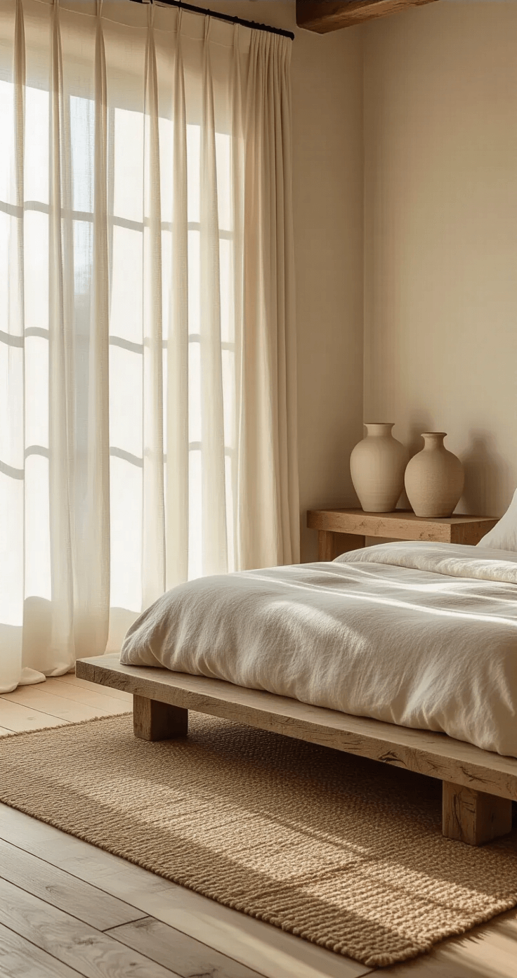 A tranquil bedroom with wide-plank oak floors, a low-profile platform bed in undyed linen, and asymmetrical ceramic vessels on a hand-carved wooden console, all illuminated by soft morning light filtering through sheer curtains.
