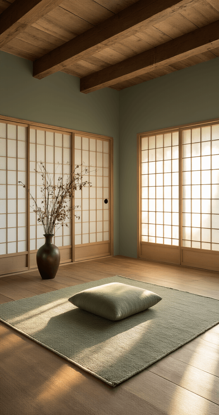 Cozy meditation space with exposed wooden beams, golden hour light filtering through rice paper screens, and a wool cushion in sage green on bamboo flooring, accented by a dried floral arrangement in a bronze vase and ash grey walls.
