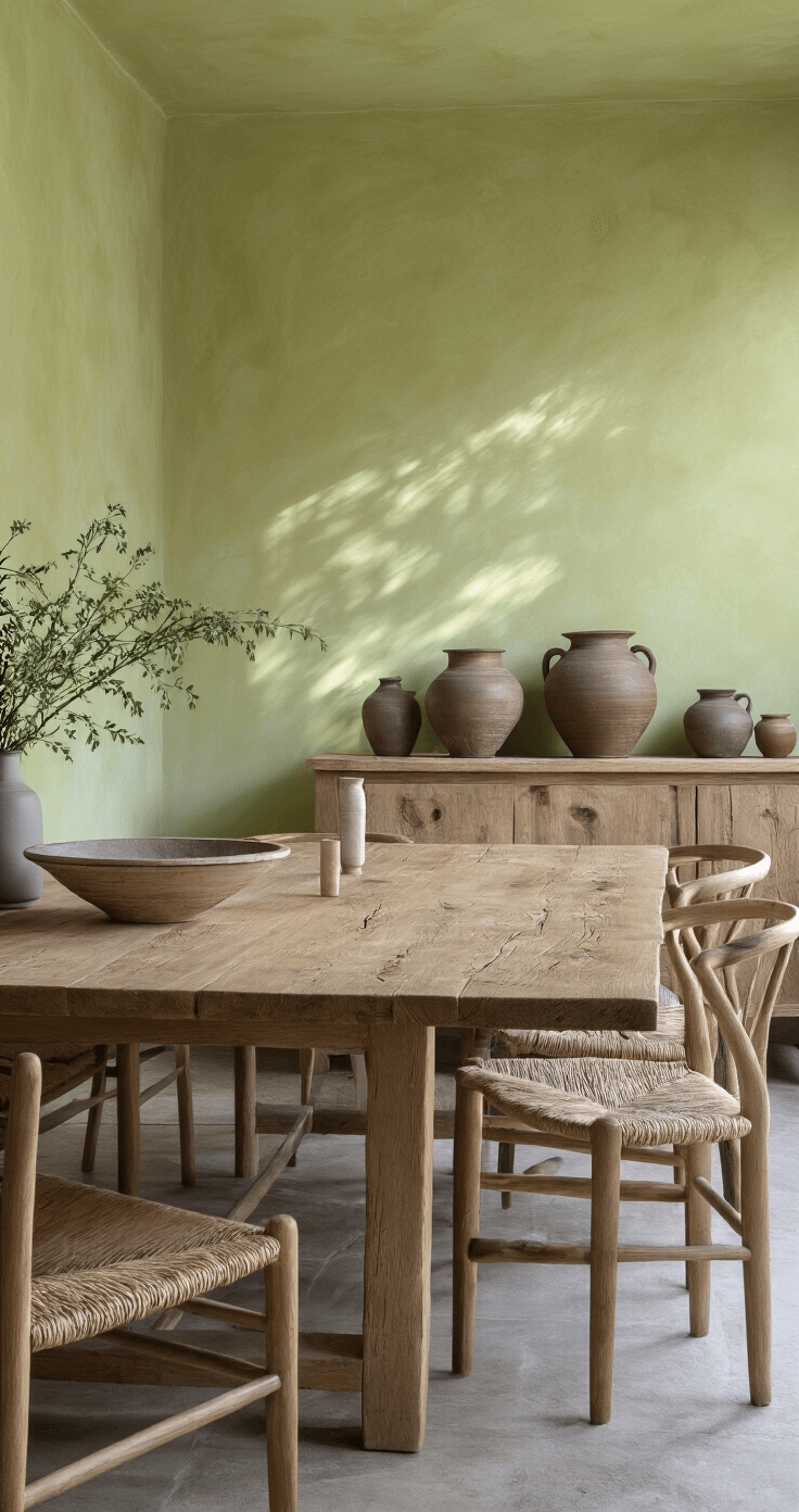 A tranquil dining space with lime-washed walls, featuring a hand-crafted oak table and rush-seated chairs, illuminated by dusk lighting. Oversized earthenware vessels decorate a wooden credenza, with a color palette of chalk white, driftwood grey, and deep umber. The image showcases an organic arrangement from a bird's eye view.