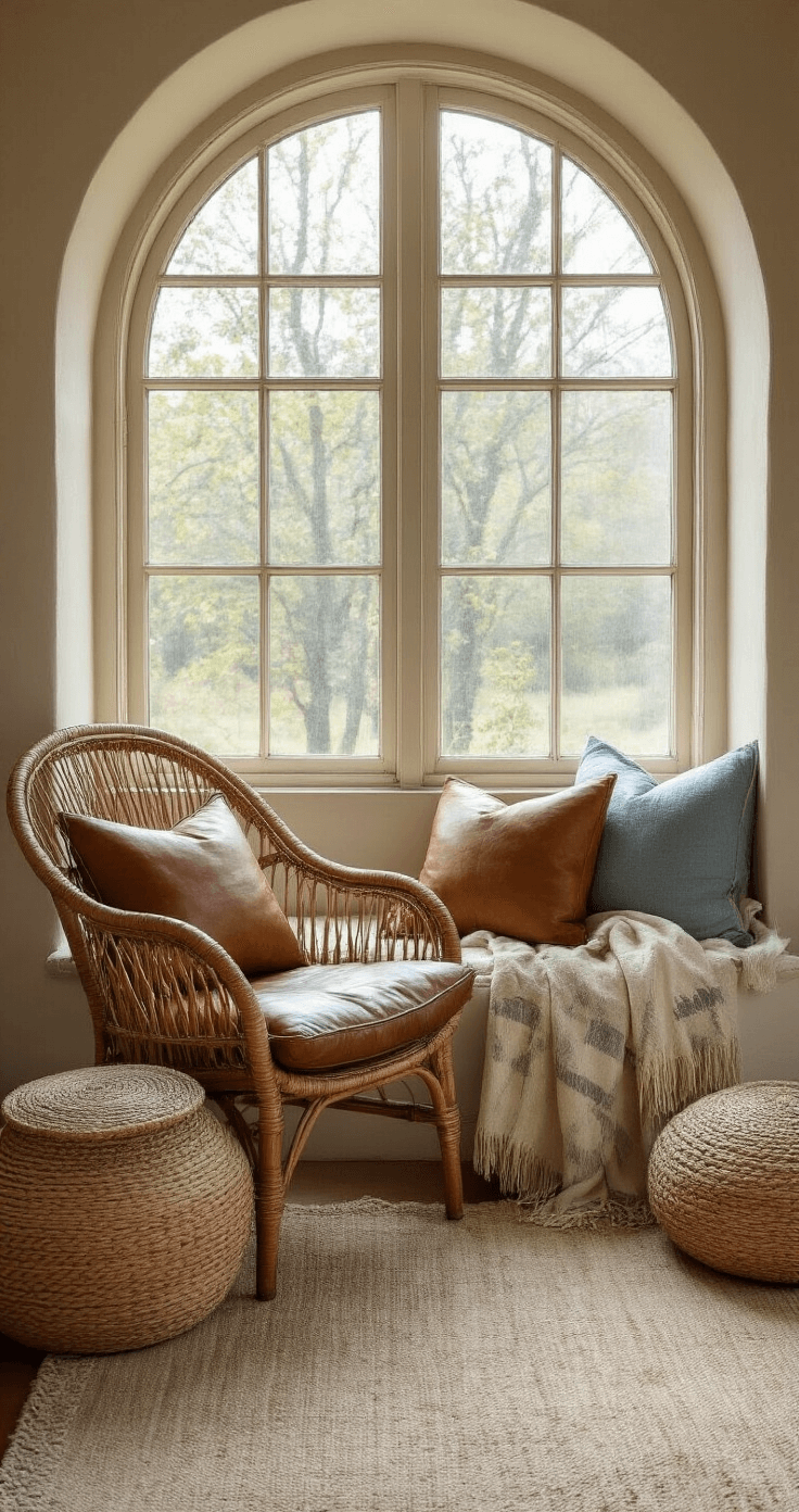 A cozy reading nook featuring an arched window that lets in soft afternoon light. A vintage rattan chair with a worn leather cushion is positioned next to raw silk floor cushions. A handwoven wool throw with a subtle geometric pattern drapes over the chair. The color palette includes warm beige, aged leather, and misty blue, emphasizing the intimate and inviting atmosphere.