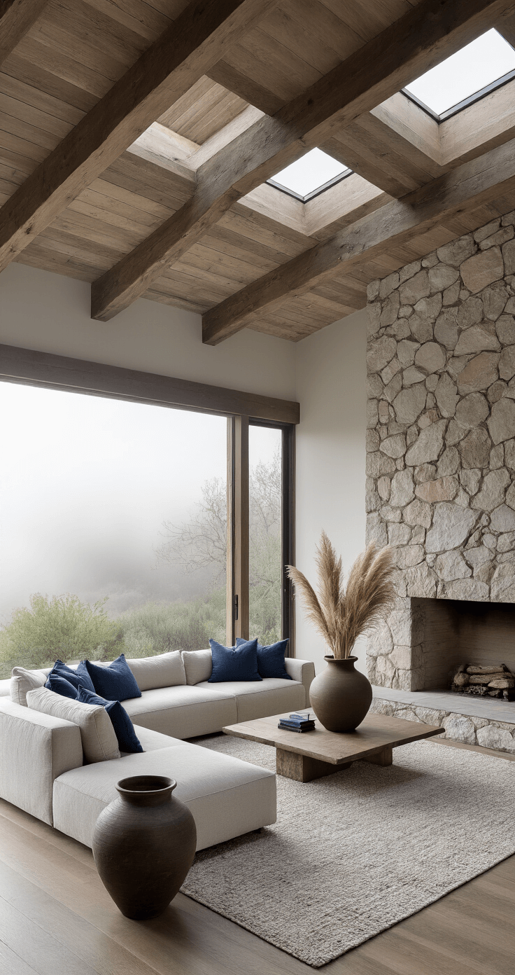 A spacious Zen-inspired great room featuring exposed wooden rafters and morning fog filtering through skylights. The room includes a low-profile sectional in natural linen with hand-dyed indigo pillows, a large ceramic floor vase with dried pampas grass, and a stone hearth showcasing mineral variations. The color palette consists of fog grey, indigo, and stone white, captured in a dramatic wide shot to highlight vertical space and natural light.
