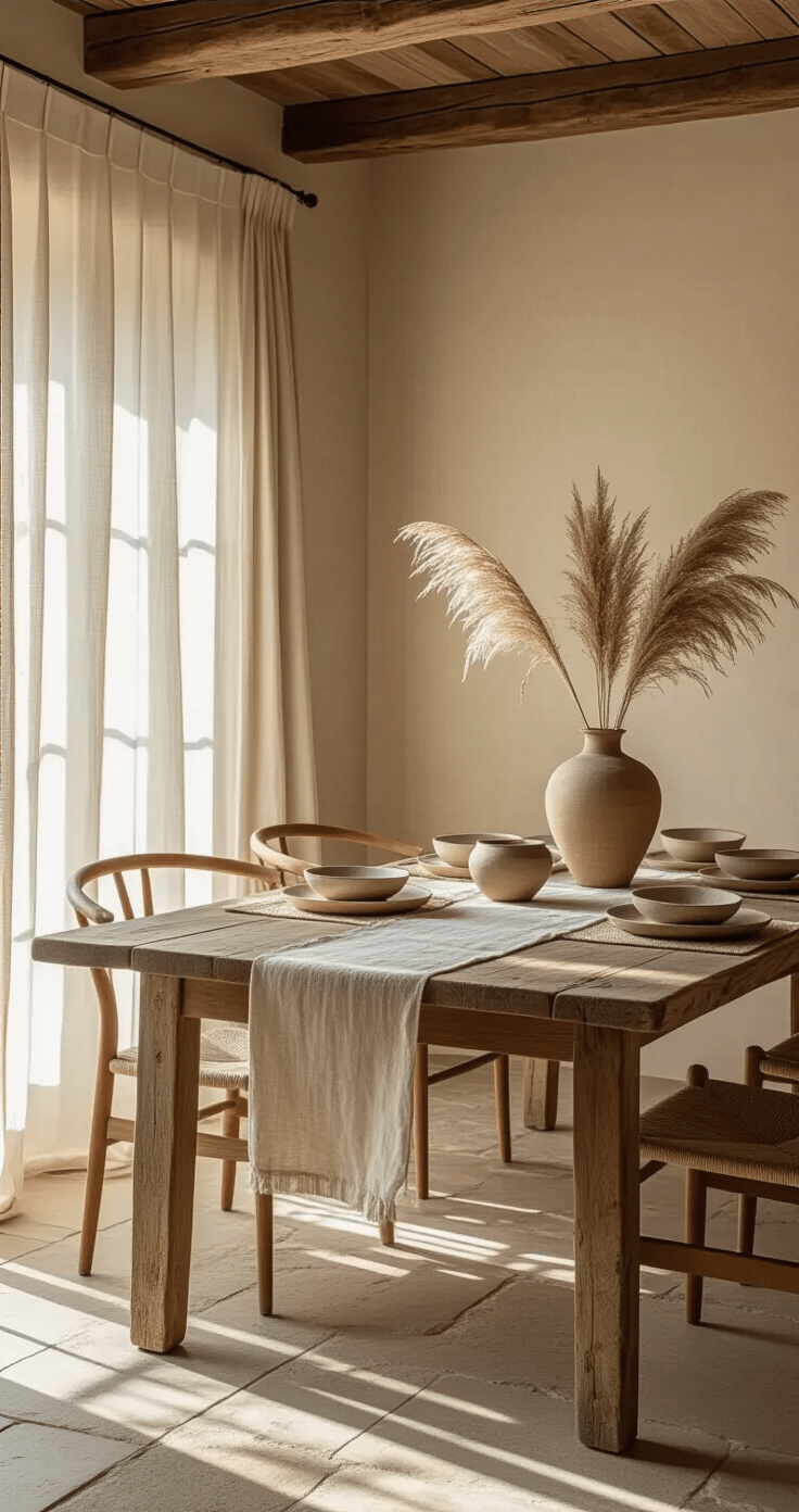 A serene wabi-sabi dining room featuring a weathered oak table, handmade ceramic plates, and a large earthenware vase with dried pampas grass, all illuminated by natural light during golden hour.