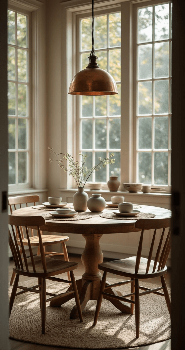 Intimate breakfast nook with a round maple table and vintage wooden chairs, featuring handwoven placemats and artisanal pottery, illuminated by soft, diffused light from floor-to-ceiling windows.