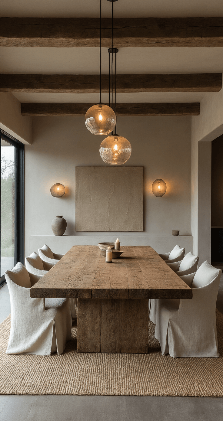A low-angle shot of a minimalist dining space at dusk, featuring a massive reclaimed beam table surrounded by raw silk cushioned chairs, illuminated by candlelight and remaining daylight. Wall-mounted ceramic sculptures create shadows, while hand-blown glass pendants cast warm light pools over a jute rug, all in a palette of charcoal, wheat, and clay tones.