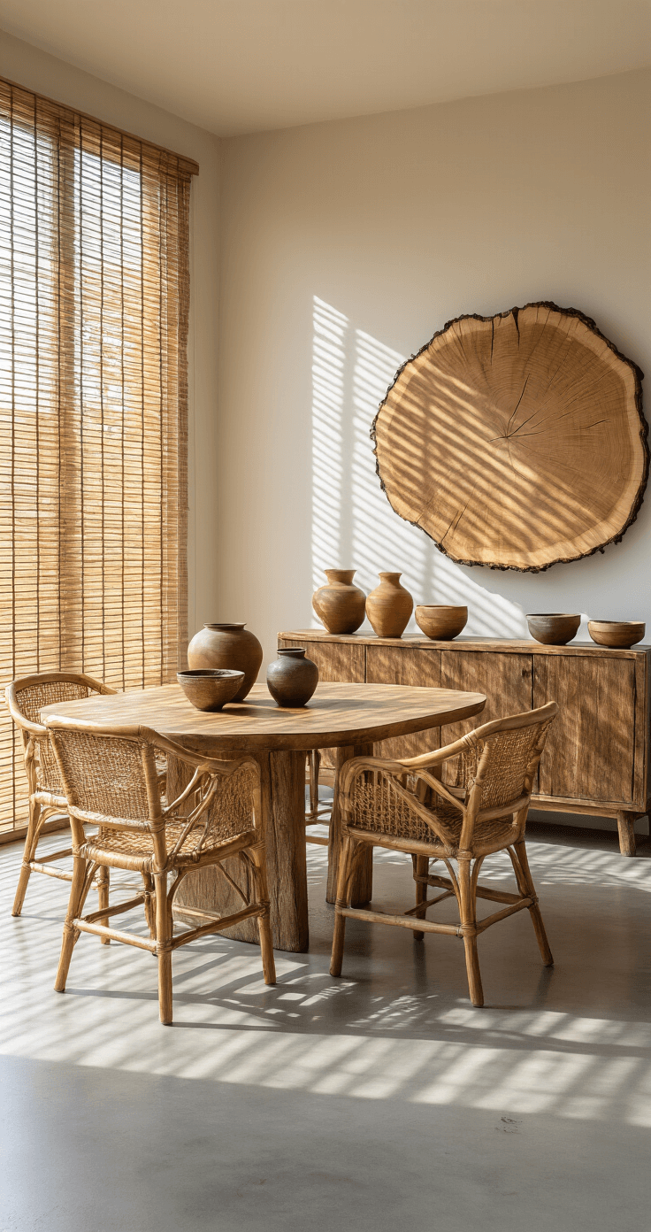 A cozy midday dining area featuring bamboo blinds casting linear shadows on smooth concrete floors, an ancient wooden sideboard with natural checking adorned with unique ceramics, rattan chairs around an oval table with repair marks, and a living edge wood slice art piece on the wall, all illuminated by soft northern light.