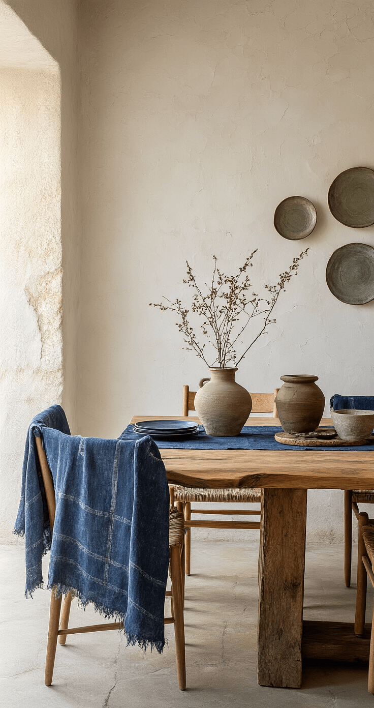 A cozy dining room at sunset featuring crackled plaster walls, a long natural-edged elm table, and casually draped vintage indigo textiles on chairs. Dried botanicals in stone vessels and wall-mounted ceramic plates with varied glazes enhance the warm atmosphere, illuminated by directional lighting that highlights textures and shadows.