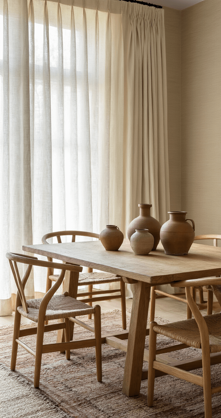 A low-angle view of a cozy dining area featuring a handmade oak table with butterfly joints, surrounded by aged rush-seated chairs. Soft morning light filters through linen curtains, casting a warm glow on textured grasscloth walls. An organic centerpiece of ceramic vessels in earth tones is displayed on the table, while a vintage kilim rug adds a worn textile element to the scene.