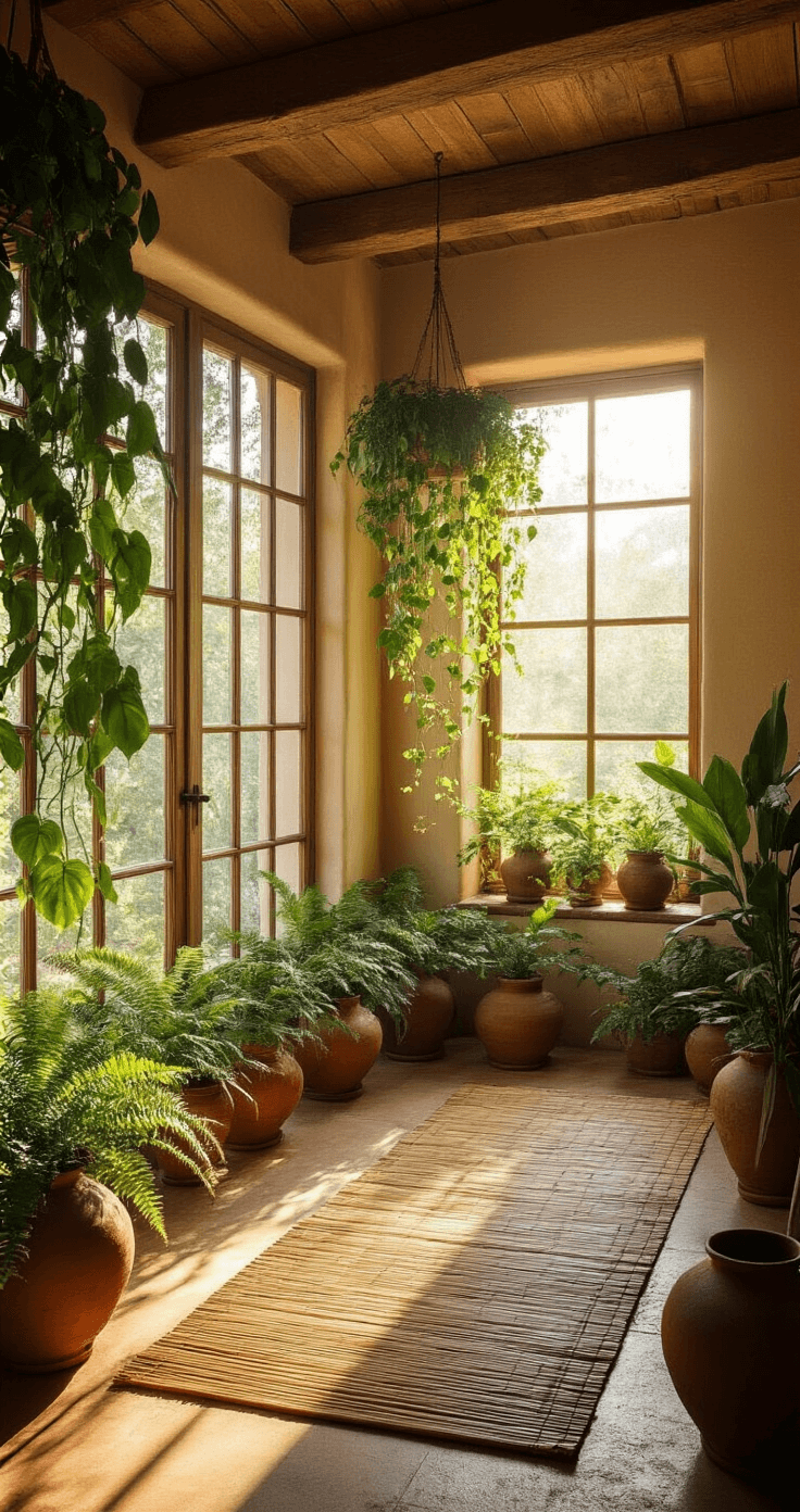 A serene meditation room featuring exposed wooden beams, illuminated by warm golden afternoon light. Floor-to-ceiling windows showcase trailing pothos plants in terracotta pots, while a bamboo mat and ceramic vessels with ferns create an inviting atmosphere. Warm ecru walls and patinated copper plant stands enhance the earthy aesthetic. Shot from a low angle with a focus on depth and natural light.