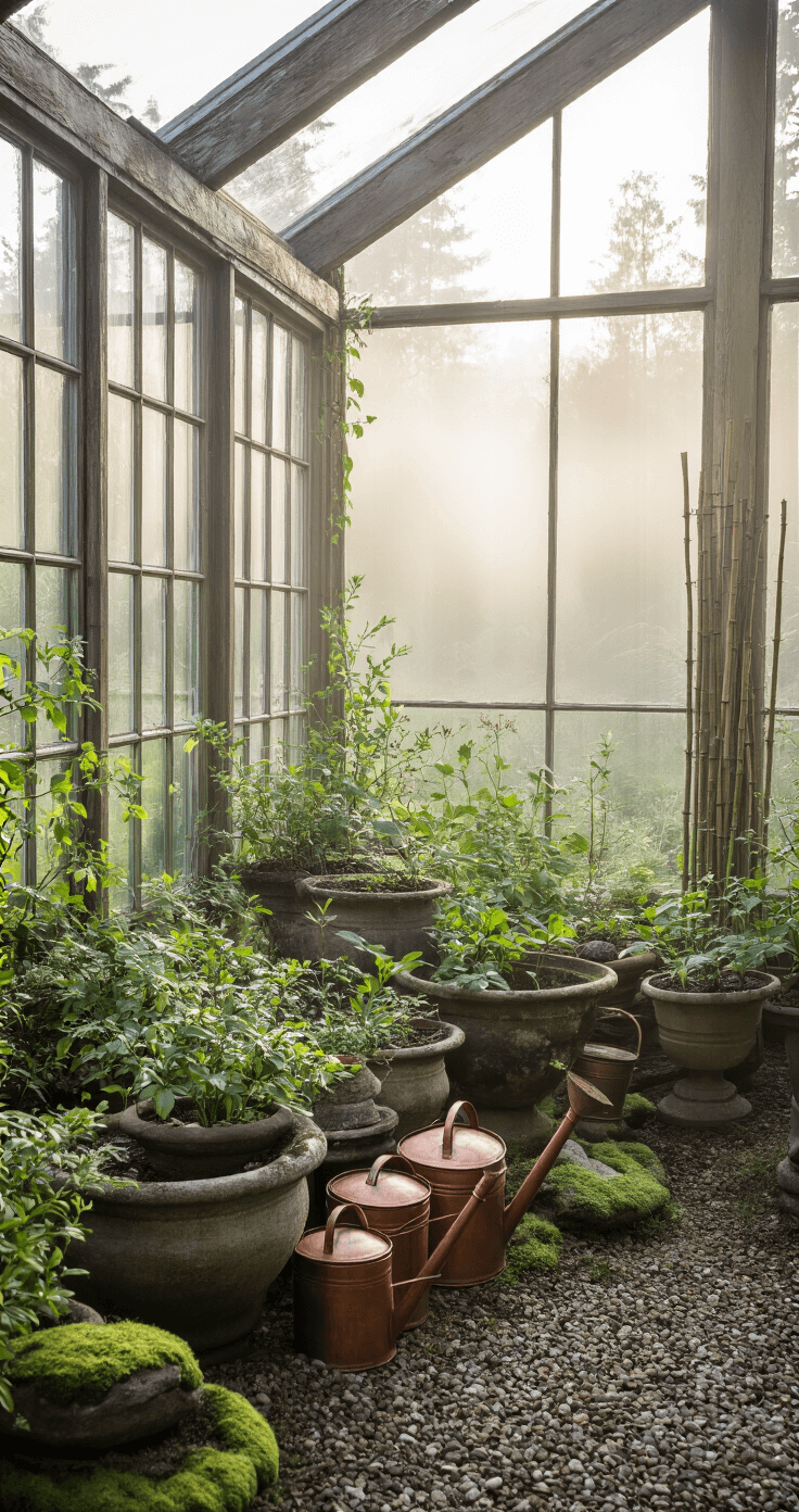 Interior corner of a greenhouse at dawn, featuring misty windows and ethereal light. Aged stone and wooden planters host native perennials, with weathered copper watering cans among trailing vines. Rich textures from moss and bamboo stakes complement a palette of greens, grays, and browns, shot at eye level with soft backlighting.