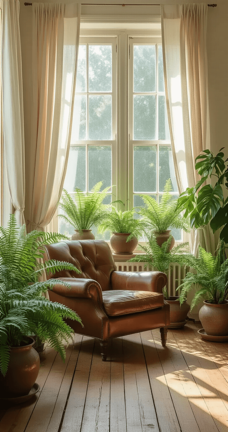A bright living room featuring tall windows with sheer curtains, showcasing a collection of ferns in handmade ceramic pots, a vintage leather armchair, and worn wooden floorboards, all in a color palette of muted sage, warm leather, and soft cream.