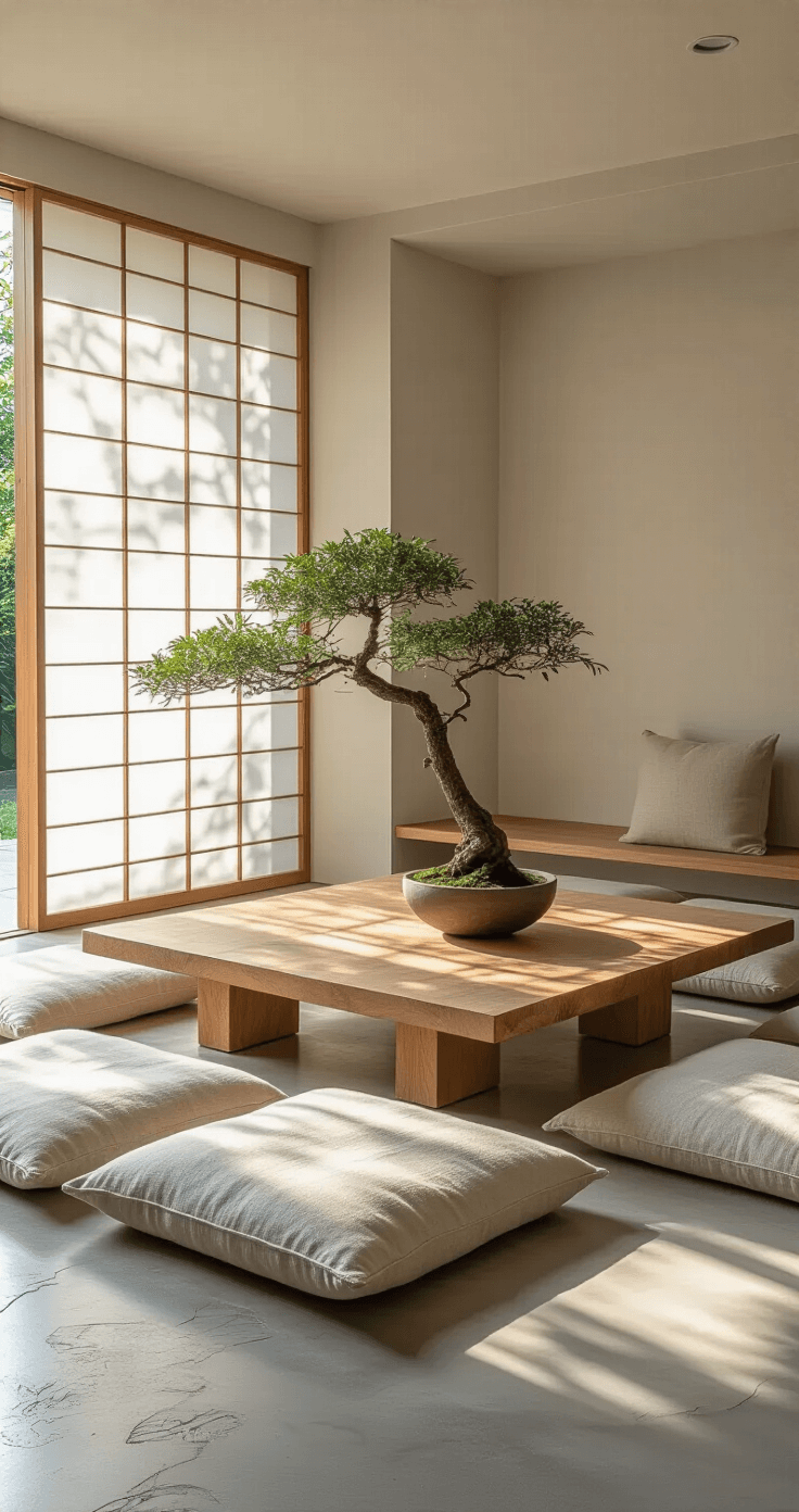 A minimalist sitting area with floor cushions in natural linen, a low wooden table with a weathered bonsai, and sliding shoji screens filtering morning light, creating shadows on bare concrete floors. The scene features warm grays, soft whites, and deep green foliage, emphasizing negative space and simplicity.