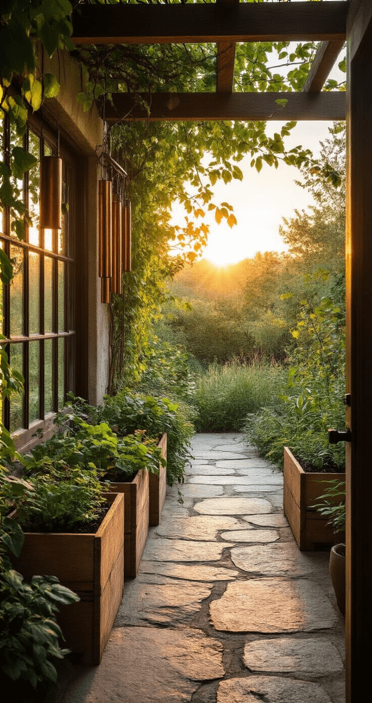 A serene indoor-outdoor transition space at sunset, featuring bronze light on self-seeding plants in reclaimed wooden boxes, aged copper wind chimes among climbing vines, and rough stone flooring leading to garden views, with a mix of weathered wood, oxidized metal, and natural stone in warm copper tones, sage green, and stone grays, all framed by layered foliage.