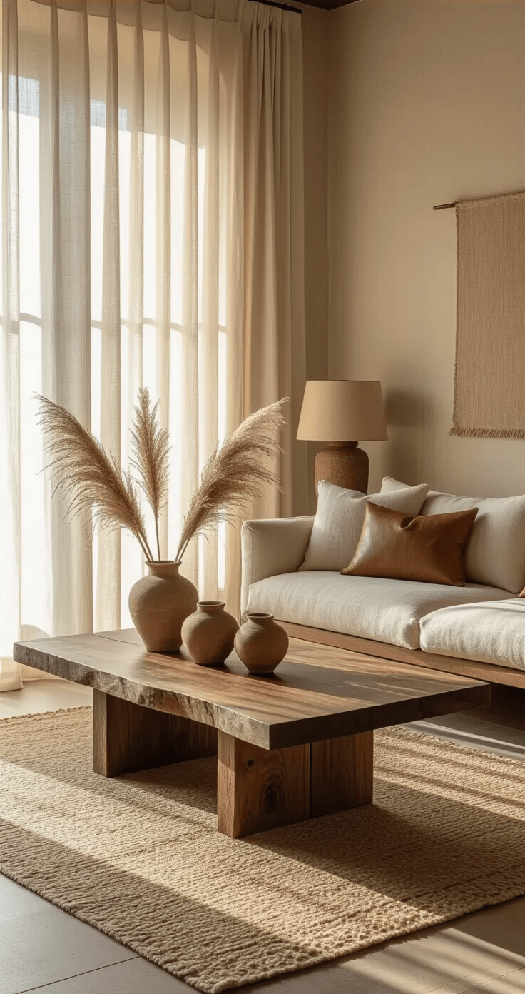 Wabi-Sabi Urban Living: Transform Your City Apartment into a Serene Sanctuary A cozy urban living room featuring warm golden hour light, with a walnut coffee table, vintage wool rug, and a low-profile linen sofa adorned with leather pillows, all highlighted by natural textures and earthy decor elements. wabi sabi apartment