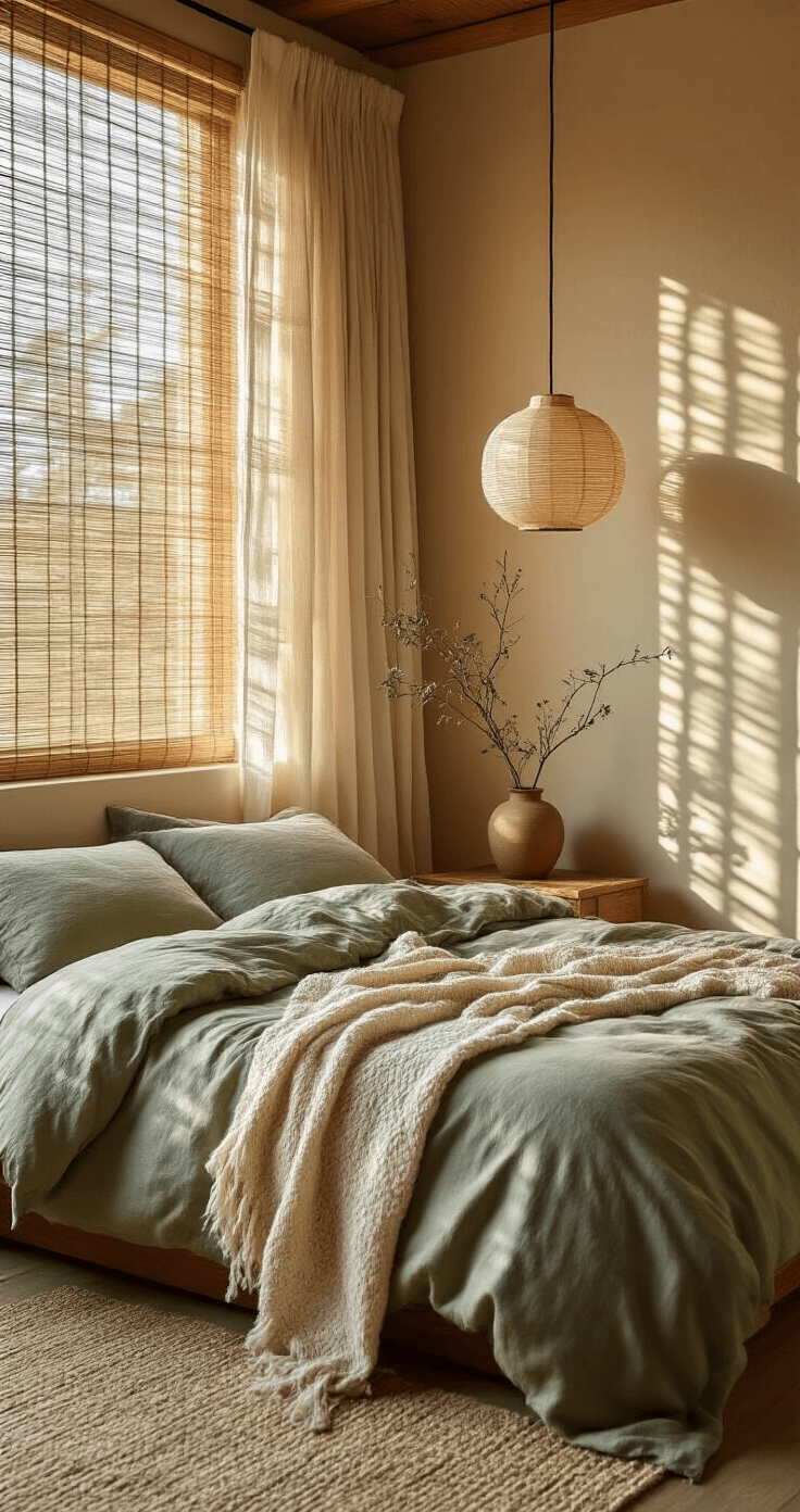 Wabi-Sabi Urban Living: Transform Your City Apartment into a Serene Sanctuary Intimate bedroom at dawn with unmade sage green linen bedding, warm ecru plaster walls, bamboo blinds casting shadows, and a weathered oak nightstand with a ceramic vase. Soft light filters through raw silk curtains.
