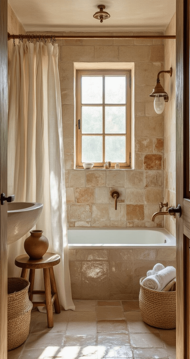 Wabi-Sabi Urban Living: Transform Your City Apartment into a Serene Sanctuary Compact bathroom interior showcasing handmade zellige tiles, a wooden stool with pottery, exposed copper pipes, a linen shower curtain, and a stone sink basin, illuminated by afternoon light and warm sconces.