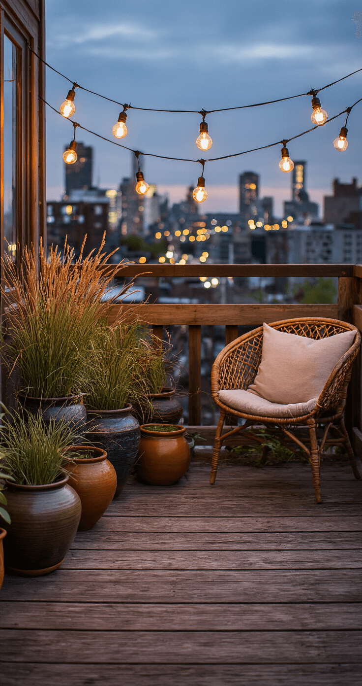 Wabi-Sabi Urban Living: Transform Your City Apartment into a Serene Sanctuary Urban balcony sanctuary at dusk featuring weathered wooden deck, ceramic planters with native grasses, ambient string lights, a handwoven rattan chair with a cotton cushion, copper wind chimes, and city lights bokeh in the background, captured from a slight elevation using a 35mm lens at f/2.0.