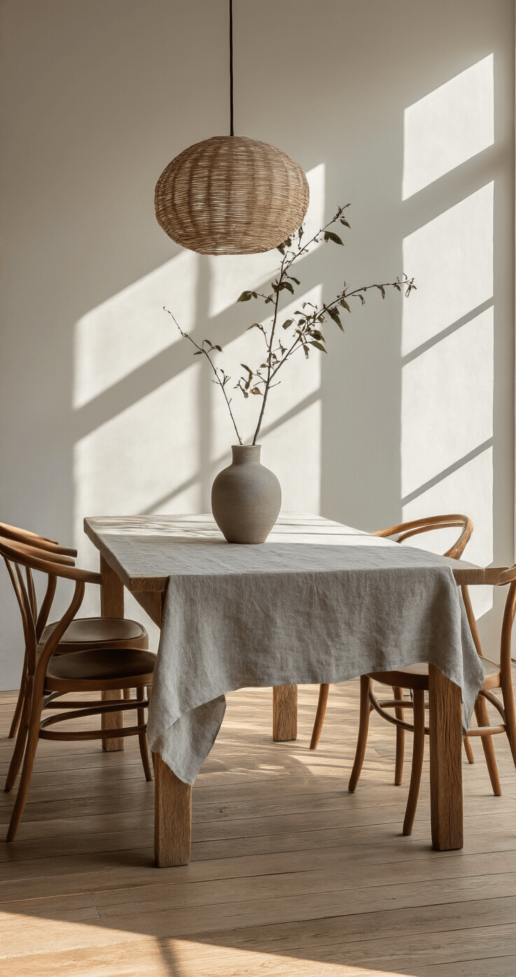 Wabi-Sabi Urban Living: Transform Your City Apartment into a Serene Sanctuary Minimalist dining area bathed in morning light featuring a 6ft reclaimed oak table with visible grain and knife marks, surrounded by bentwood chairs with worn leather seats. A handmade ceramic pendant lamp creates dappled shadows above a natural grey linen tablecloth. A stone vase holds a single leafy branch, and warm wooden flooring shows traffic patterns.