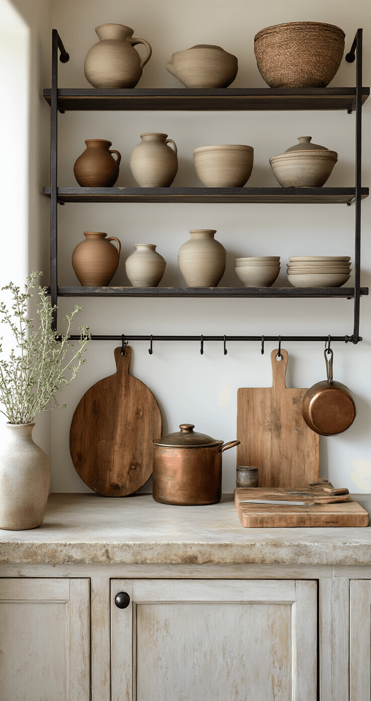 Wabi-Sabi Urban Living: Transform Your City Apartment into a Serene Sanctuary A cozy kitchen corner adorned with blackened steel open shelving showcasing handmade ceramics, marked wooden cutting boards, hanging dried herbs, a subtly worn limestone countertop, and vintage copper pots exhibiting verdigris, all illuminated by soft afternoon light.