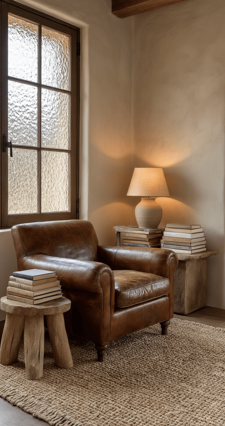 Wabi-Sabi Urban Living: Transform Your City Apartment into a Serene Sanctuary Cozy reading nook with vintage leather armchair, handwoven wool rug, stack of well-worn books, ceramic lamp, and textured clay walls, all illuminated by warm late afternoon light.