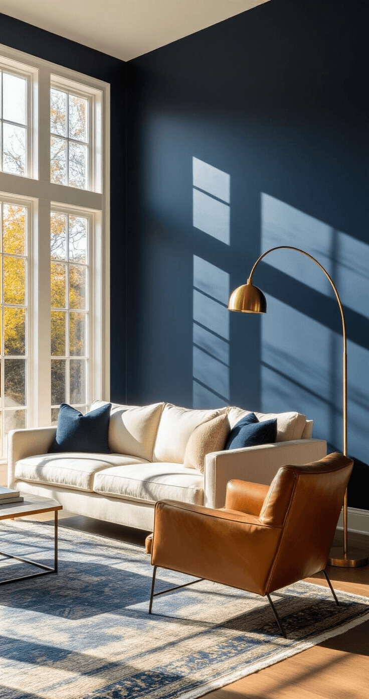 Bright and airy living room with a navy blue accent wall behind a cream sofa, illuminated by golden hour sunlight streaming through floor-to-ceiling windows. A brass floor lamp arches over a cognac leather armchair, and layered vintage rugs in muted blues and creams adorn the floor. The camera captures the space at a corner angle, emphasizing the height of the wall and texture of the geometric wallpaper.