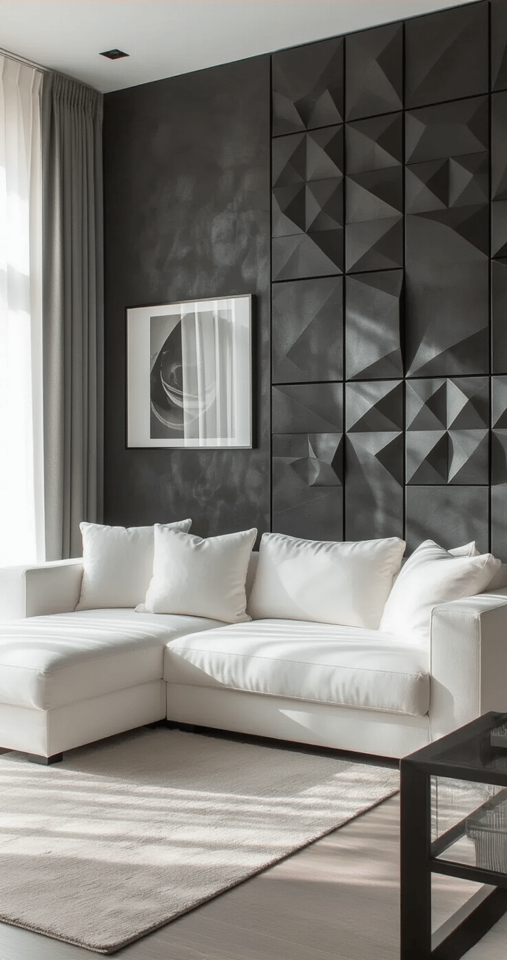 Contemporary living space featuring a dramatic charcoal textured accent wall with 3D geometric panels, morning light filtering through sheer white curtains, a minimalist white sectional, and a monochromatic art gallery arrangement. The image emphasizes the panel dimensionality with soft diffused lighting and mixed metal and glass accents throughout.