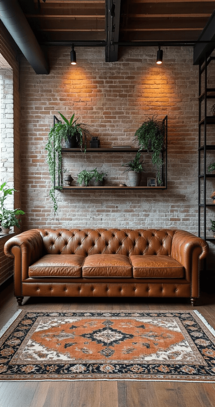 A rustic-modern living room featuring an exposed brick accent wall with a whitewashed finish, showcasing a caramel leather Chesterfield sofa, industrial black metal shelving with trailing plants, and a vintage Persian rug, all illuminated by late afternoon natural light and moody spotlight accents.