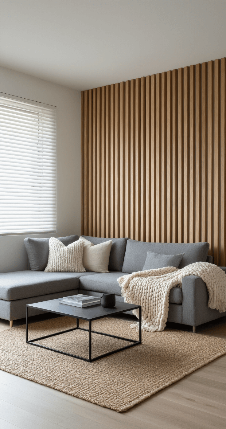 A cozy Scandinavian-inspired living space featuring a warm oak vertical slat accent wall, a low-profile gray sectional with chunky knit throws, a minimalist black metal coffee table, and a neutral jute rug over blonde hardwood, all bathed in diffused midday light.