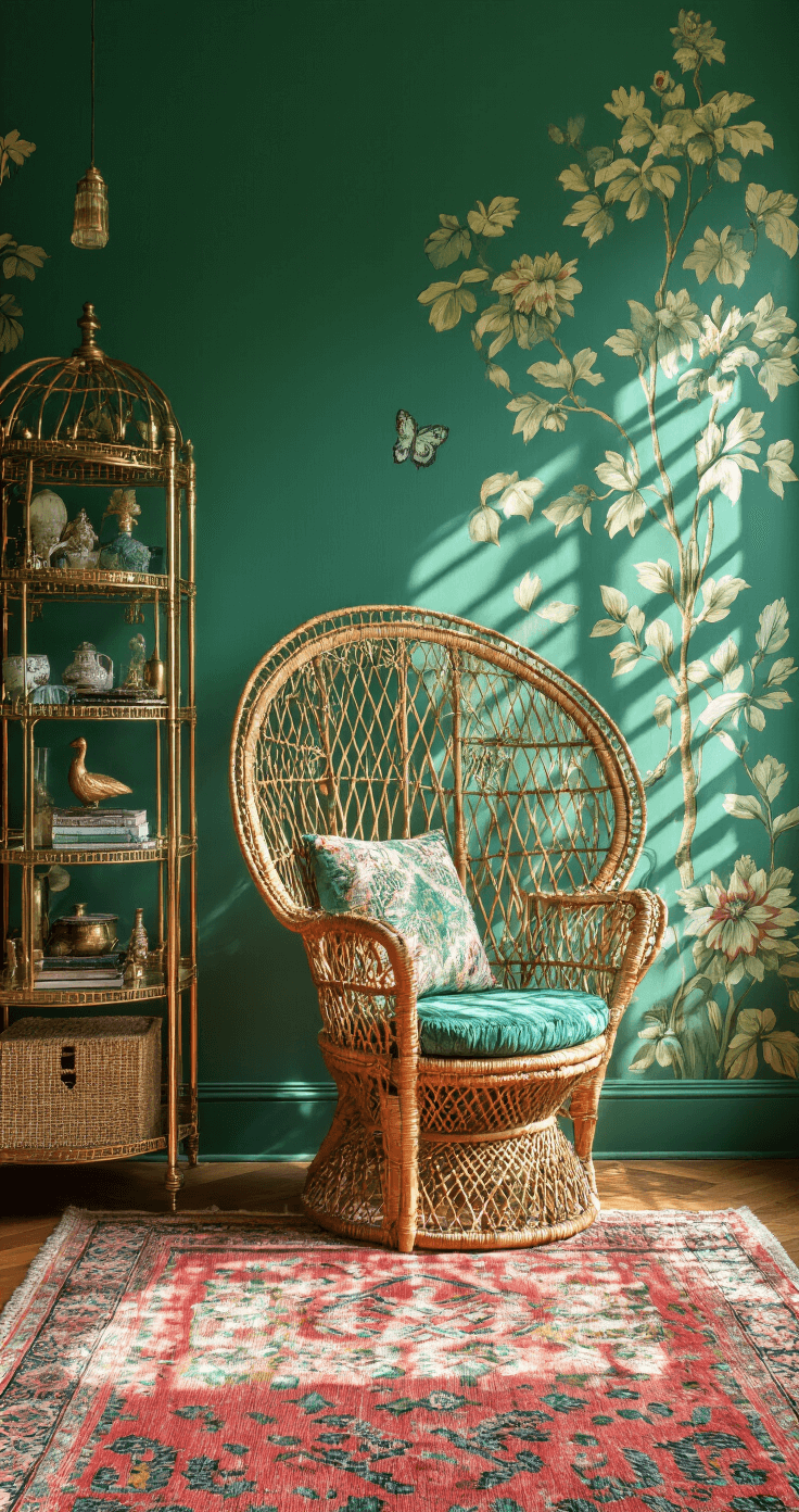 A bohemian-style room measuring 13x15ft with an emerald green accent wall adorned with large-scale botanical wallpaper, featuring morning sunshine casting dappled light. A rattan peacock chair is positioned against the wall, complemented by layered vintage kilim rugs in coral and turquoise. A brass and glass étagère showcases various curiosities, all captured from a slightly elevated angle with dramatic side lighting enhancing the wallpaper's texture and the rich, saturated colors of the decor.