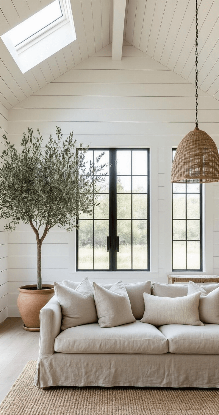 A modern farmhouse interior featuring a 15x17ft space with a white-painted horizontal shiplap accent wall, illuminated by late morning light through a skylight. The room includes an oversized greige linen slip-covered sofa, black steel-framed windows, a vintage olive tree in a ceramic pot, and a woven grass pendant light, all captured straight-on to emphasize linear elements and crisp architectural details.
