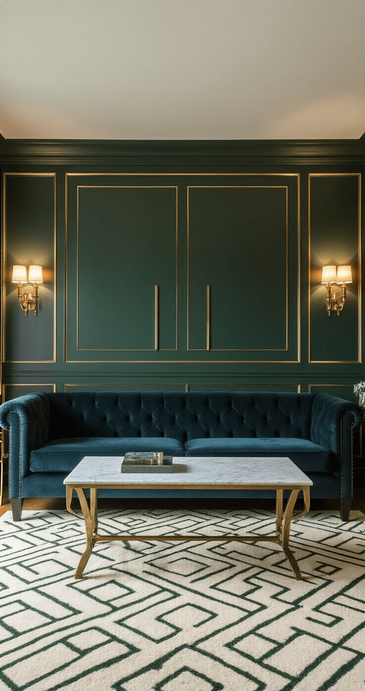 Art Deco inspired room with a dark green paneled accent wall featuring brass inlay, evening sconces, a midnight blue channel-tufted velvet sofa, a marble coffee table with a brass base, and a geometric wool rug in cream and forest green, captured from a corner to highlight wall height and architectural details in a moody, sophisticated atmosphere.