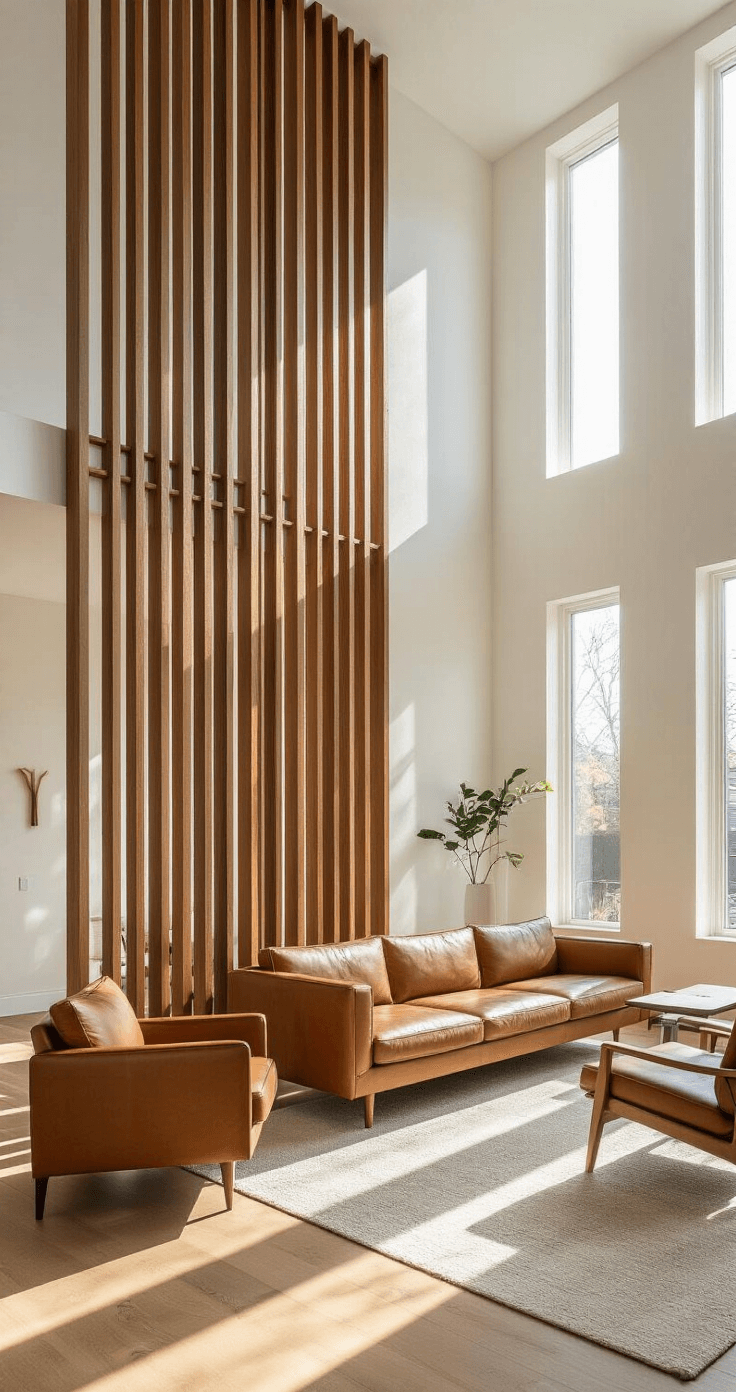 Sunlit modern living room with dramatic wooden slat room divider, mid-century modern seating, and home office space, featuring warm white walls and wide-plank oak flooring, captured during golden hour.