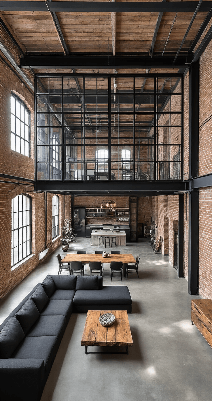 Industrial loft space featuring exposed brick walls and high ceilings, with a striking black steel-framed glass partition. Morning light filters through large warehouse windows, illuminating a living area with a charcoal sectional and raw edge wood coffee table, alongside a dining space with an 8ft reclaimed wood table. The polished concrete floors reflect dramatic side lighting, casting geometric shadows. The perspective is from an elevated position, showcasing the urban sophistication of the space.