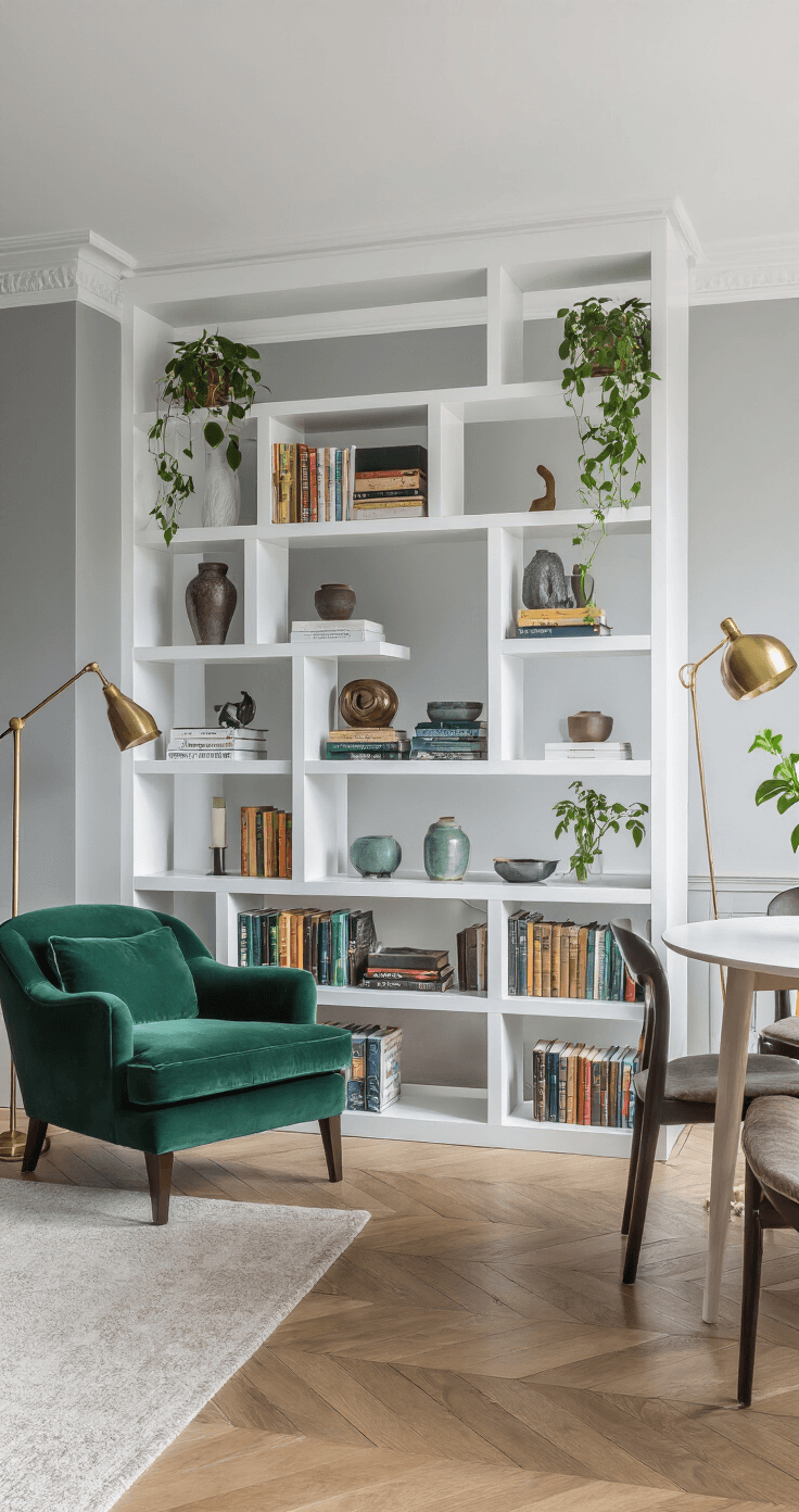 A contemporary open-plan space featuring an architectural bookshelf room divider, styled with asymmetrical cubbies filled with a color-coordinated book collection, ceramics, and trailing plants. One side features a reading nook with an emerald velvet armchair and brass floor lamp, while the opposite side has a dining area. The dove gray walls complement the herringbone parquet flooring, all captured in soft afternoon light.