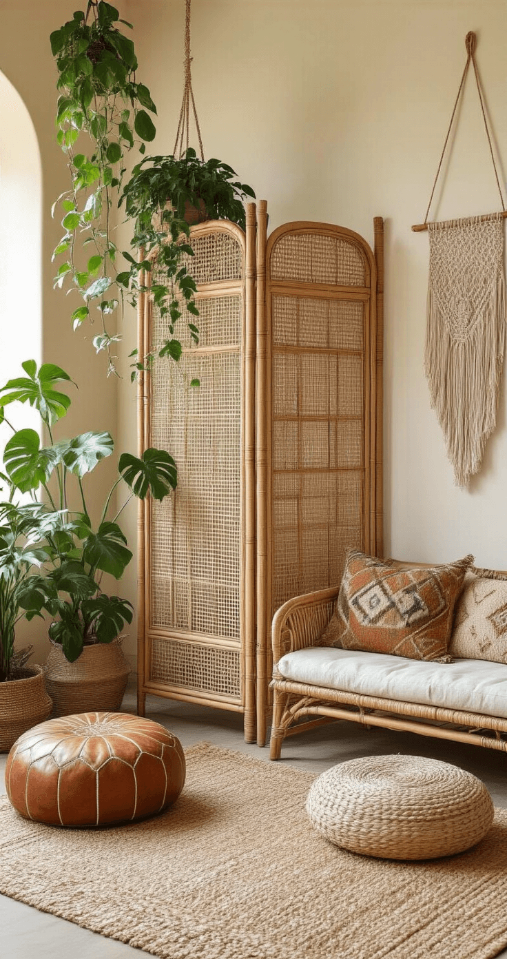 A warm, inviting bohemian living space featuring a rattan folding screen with geometric patterns, surrounded by lush monstera plants and macramé hangings. The eclectic seating area includes a vintage leather pouf, soft floor cushions, and low bamboo furniture, all set against textured cream walls and a jute rug. Captured from a low angle, the scene is bathed in natural light, evoking an organic, relaxed luxury atmosphere.