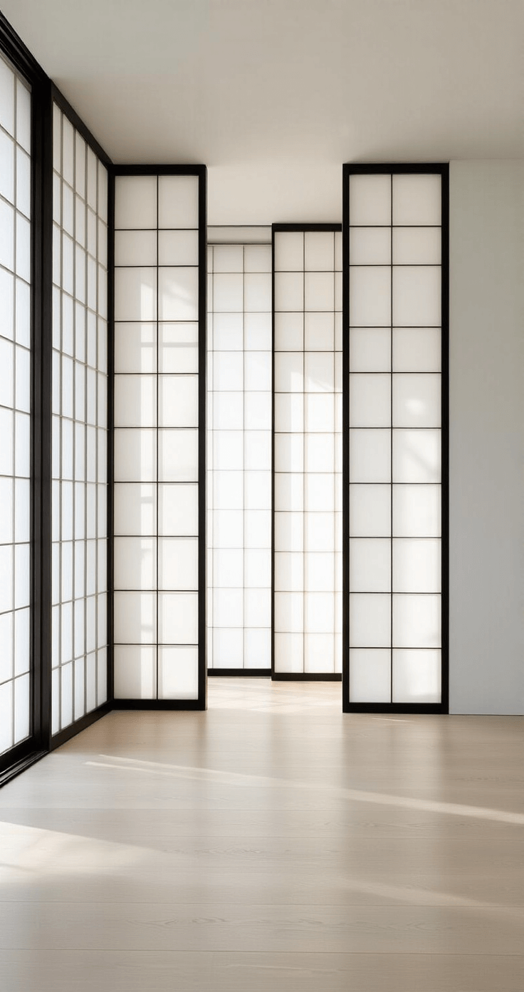 A minimalist 16x20ft apartment featuring translucent shoji-style sliding panels and custom rice paper screens, illuminated by late afternoon light, creating an ethereal glow. One side serves as a meditation space while the other is a minimalist living area, with stark white walls and bleached pine flooring. The symmetrical composition highlights dramatic side lighting that emphasizes the screens' translucency, embodying a mood of Zen tranquility.
