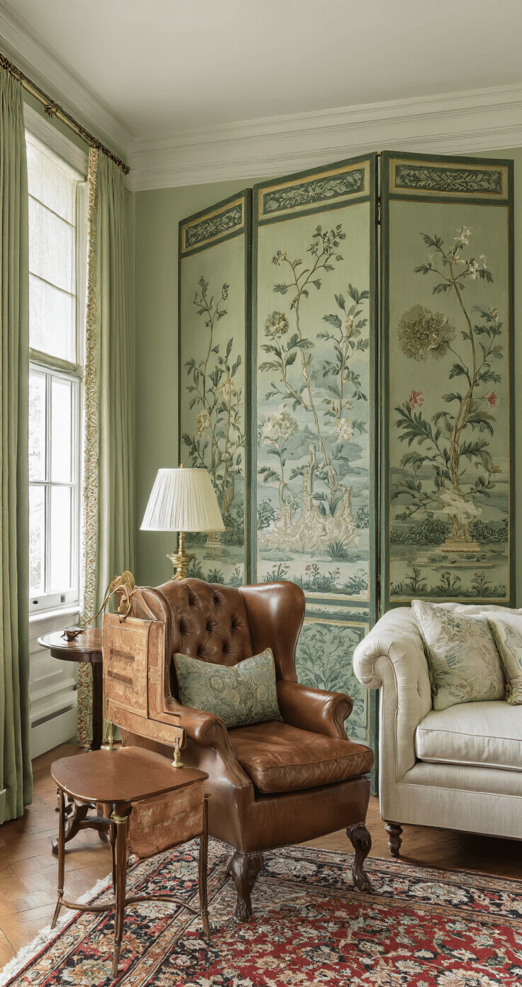 A refined townhouse living room featuring sage green walls and a hand-painted chinoiserie screen divider. The room includes a tufted linen sofa, inlaid side tables, a leather wingback chair, and a brass library lamp, all set on an antique Persian rug under soft, ambient lighting.